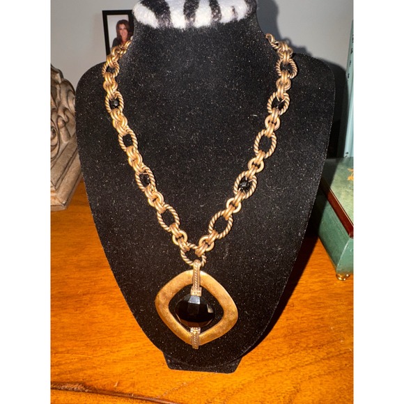 Chicos Gold Tone Chunky Link Necklace Black Faceted Gemstone Pendant - Picture 1 of 7